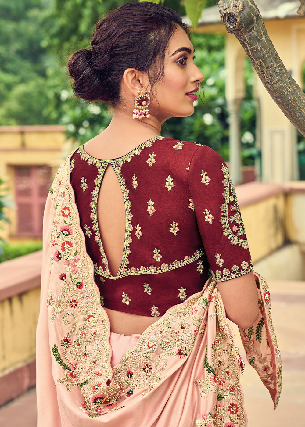 Light Peach Pink Designer Organza Saree with Intricate Embroidery work