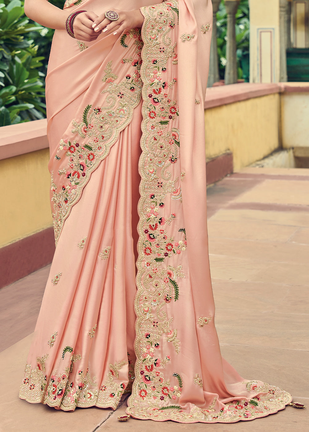 Light Peach Pink Designer Organza Saree with Intricate Embroidery work