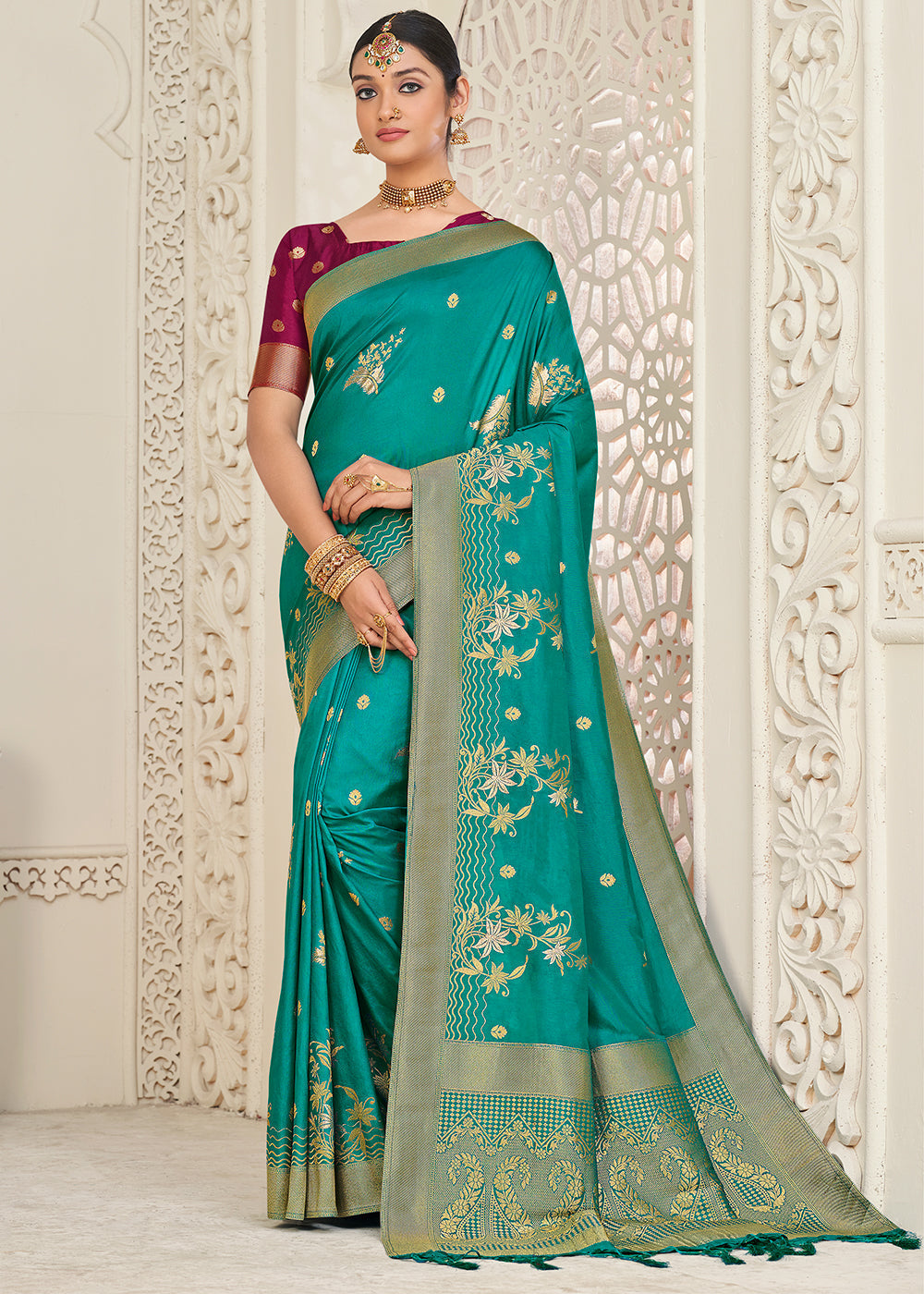 Turquoise Blue Zari Woven Dola Silk Saree