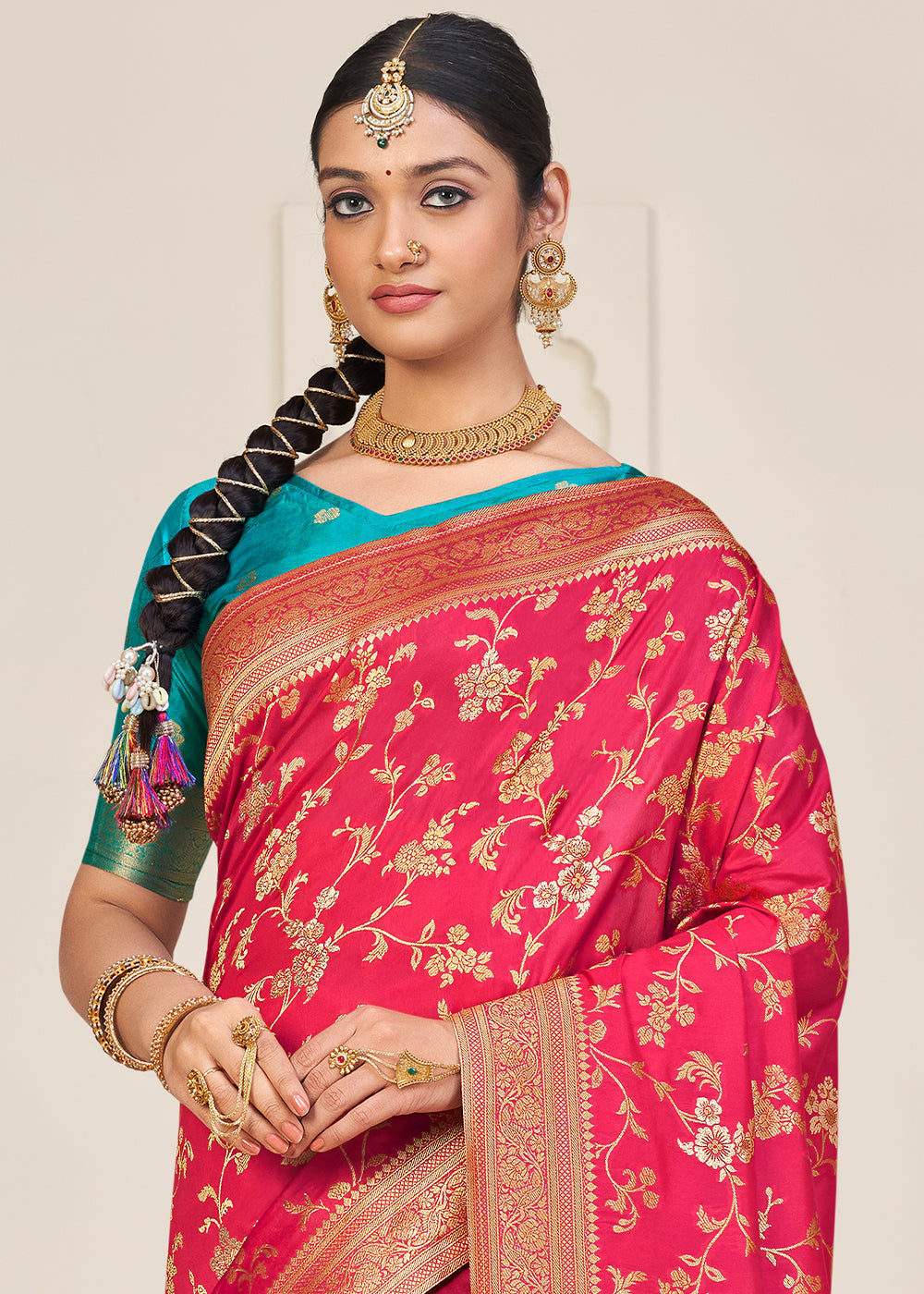 Fiery Rose Pink Zari Woven Dola Silk Saree