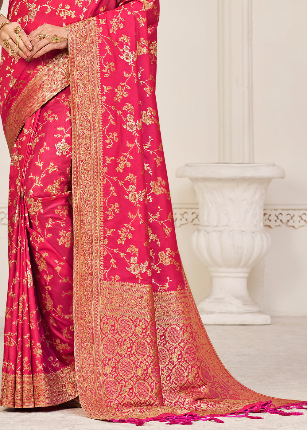 Fiery Rose Pink Zari Woven Dola Silk Saree