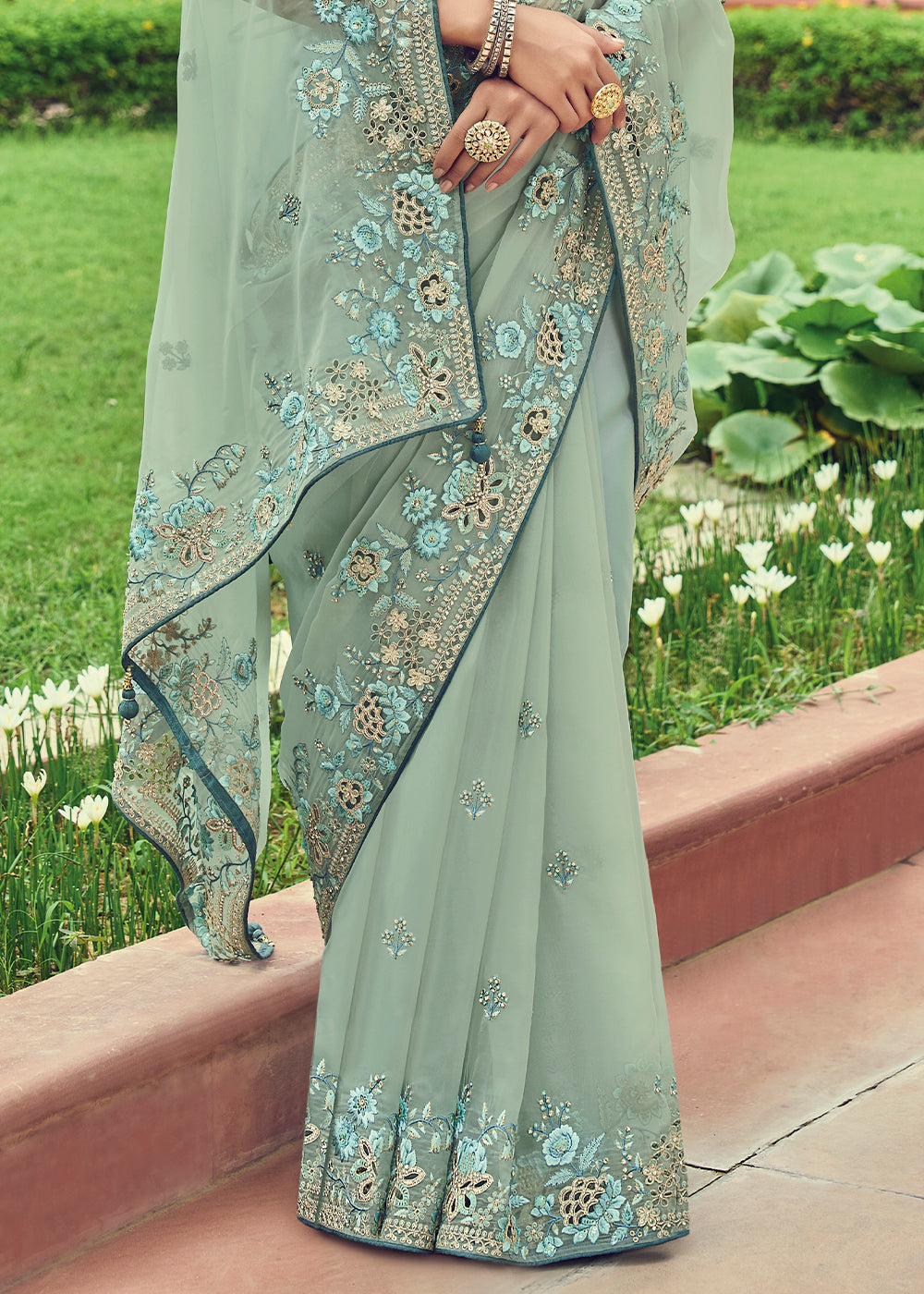 Moss Green Designer Organza Saree with Intricate Embroidery work