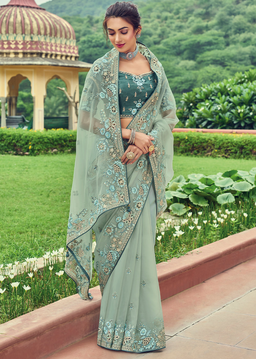 Moss Green Designer Organza Saree with Intricate Embroidery work