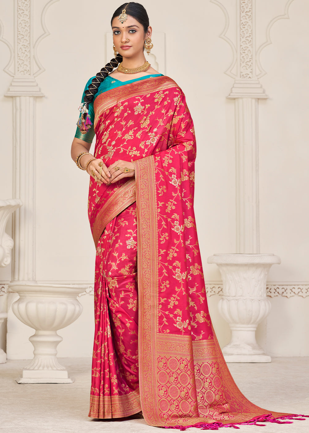 Fiery Rose Pink Zari Woven Dola Silk Saree