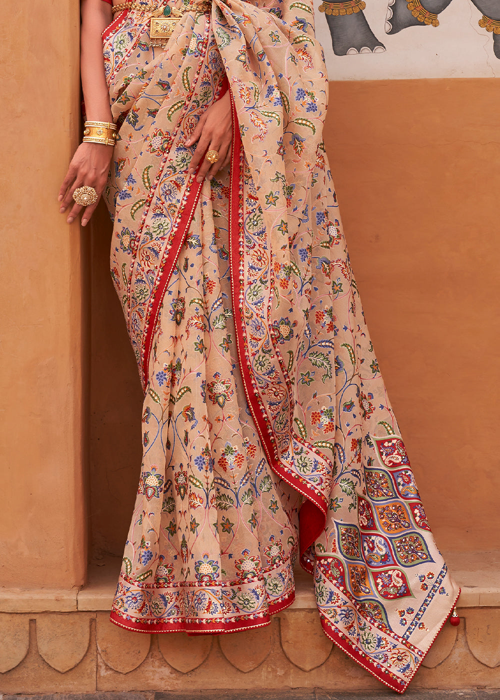 Ecru Brown Patola Printed Tissue Silk Saree with Designer Blouse