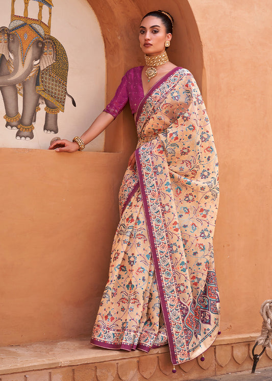 Tan Brown Patola Printed Tissue Silk Saree with Designer Blouse