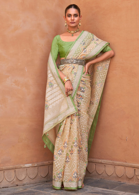 Sand Brown & Green Patola Printed Tissue Silk Saree with Designer Blouse