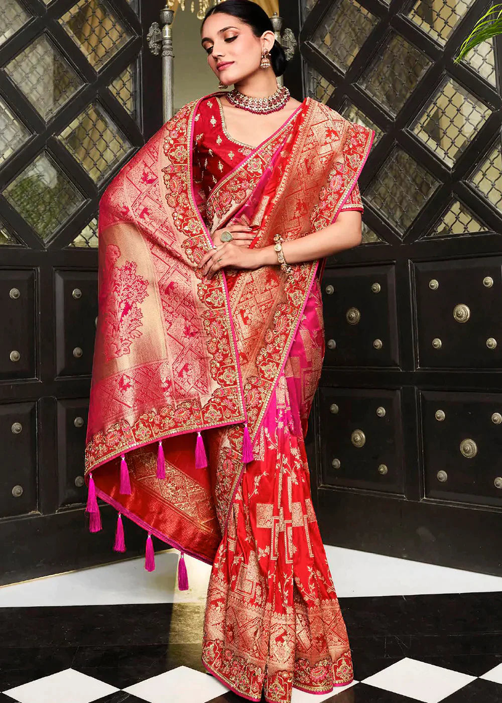 Pink & Red Zari Weaving Satin Silk Saree with Embroidery Border