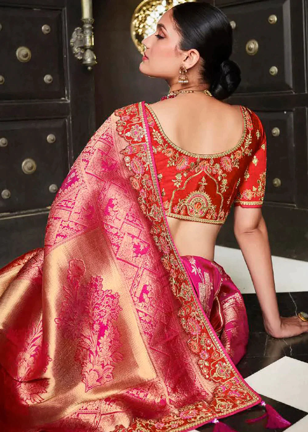 Pink & Red Zari Weaving Satin Silk Saree with Embroidery Border