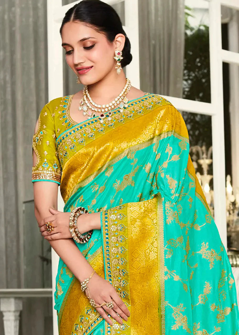 Blue & Yellow Zari Weaving Satin Silk Saree with Embroidery Border