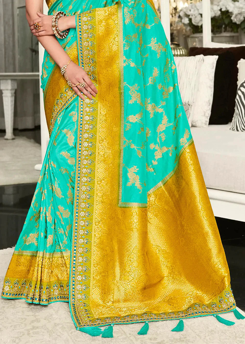 Blue & Yellow Zari Weaving Satin Silk Saree with Embroidery Border