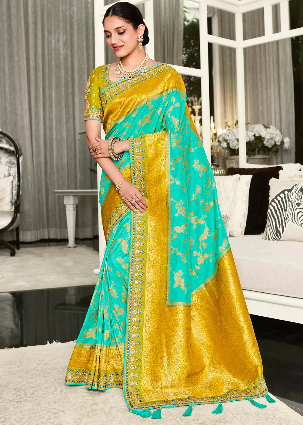 Blue & Yellow Zari Weaving Satin Silk Saree with Embroidery Border