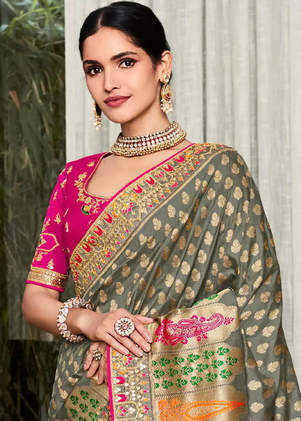 Seal Grey Zari Weaving Satin Silk Saree with Embroidery Border