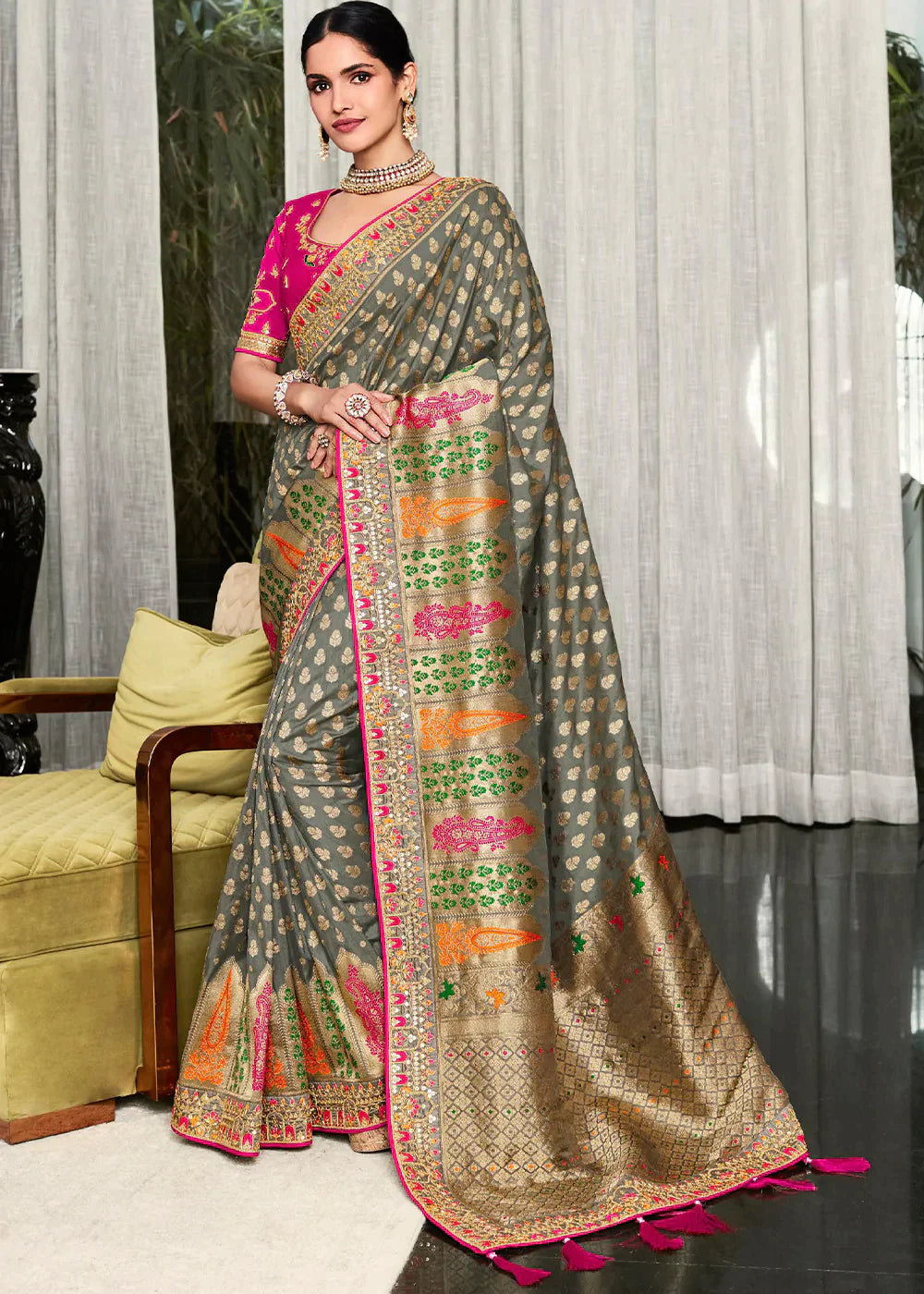 Seal Grey Zari Weaving Satin Silk Saree with Embroidery Border