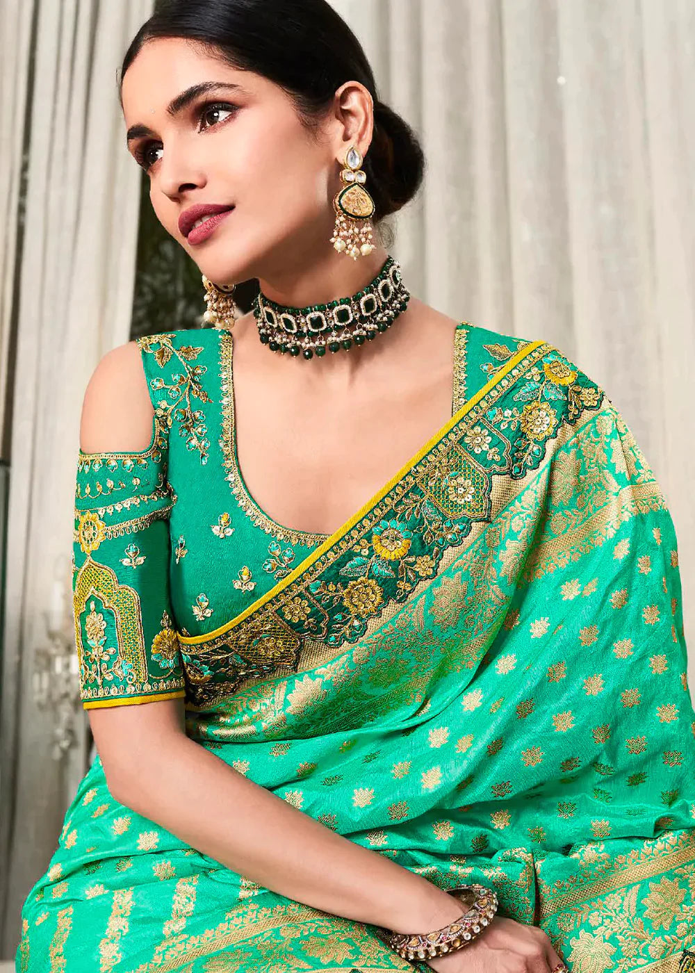 Seafoam Green Zari Weaving Satin Silk Saree with Embroidery Border