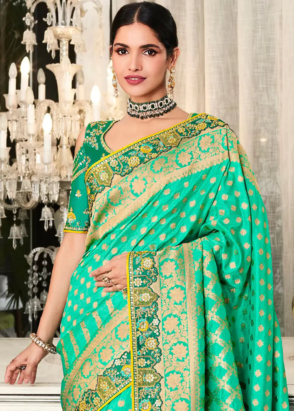 Seafoam Green Zari Weaving Satin Silk Saree with Embroidery Border