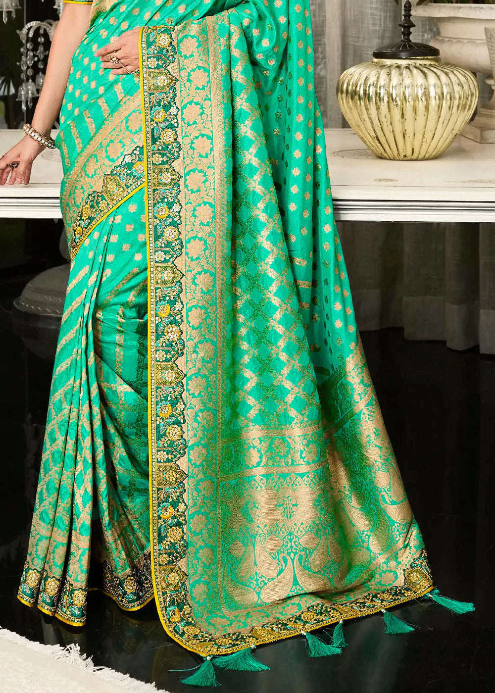 Seafoam Green Zari Weaving Satin Silk Saree with Embroidery Border