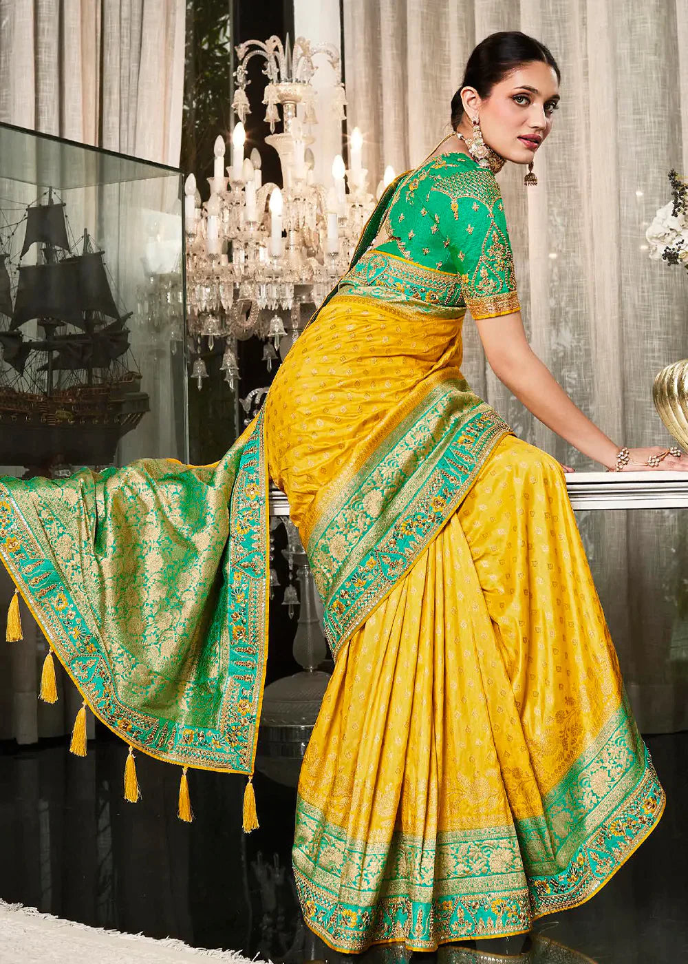 Yellow & Blue Zari Weaving Satin Silk Saree with Embroidery Border