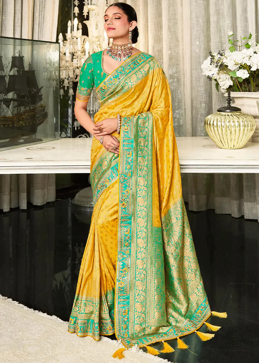 Yellow & Blue Zari Weaving Satin Silk Saree with Embroidery Border