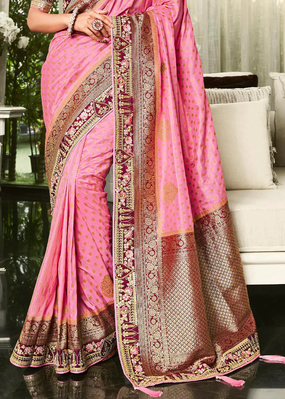 Carnation Pink Zari Weaving Satin Silk Saree with Embroidery Border