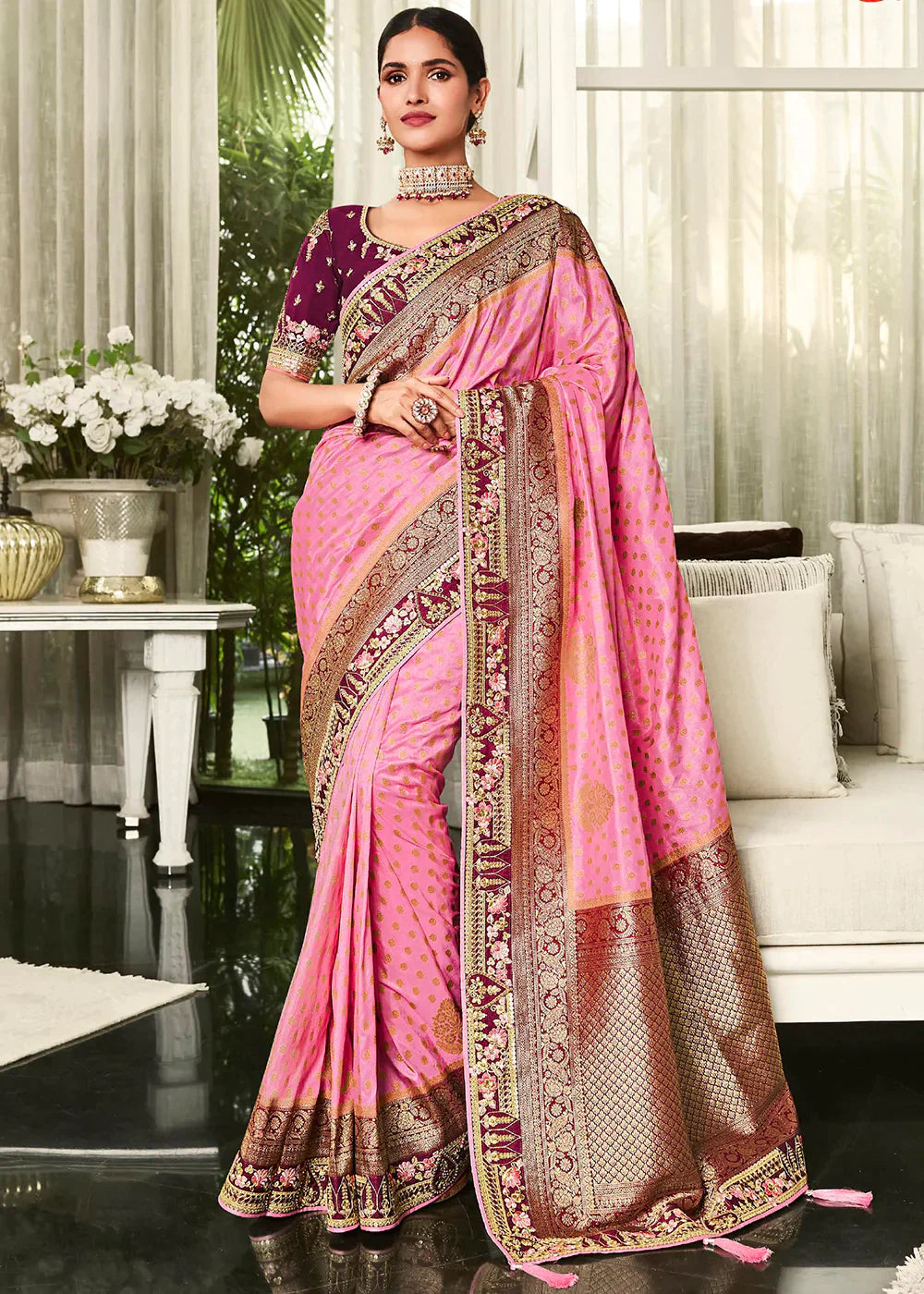 Carnation Pink Zari Weaving Satin Silk Saree with Embroidery Border