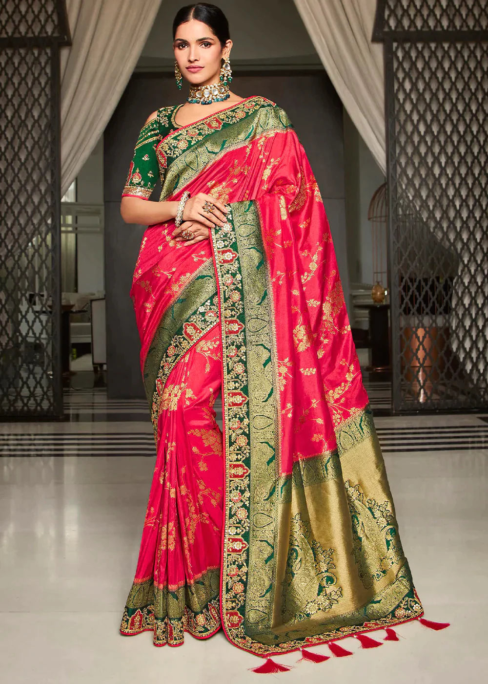 Ruby Pink Zari Weaving Satin Silk Saree with Embroidery Border