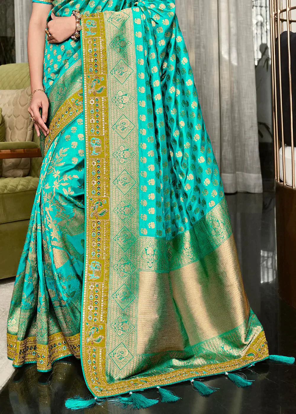 Turquoise Blue Zari Weaving Satin Silk Saree with Embroidery Border