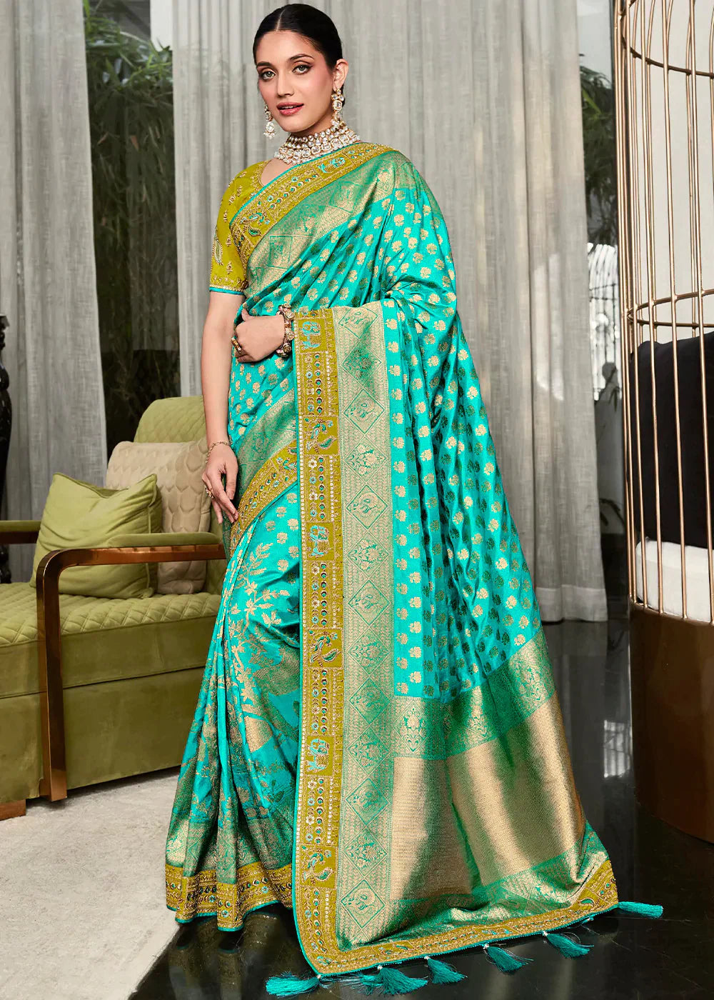 Turquoise Blue Zari Weaving Satin Silk Saree with Embroidery Border