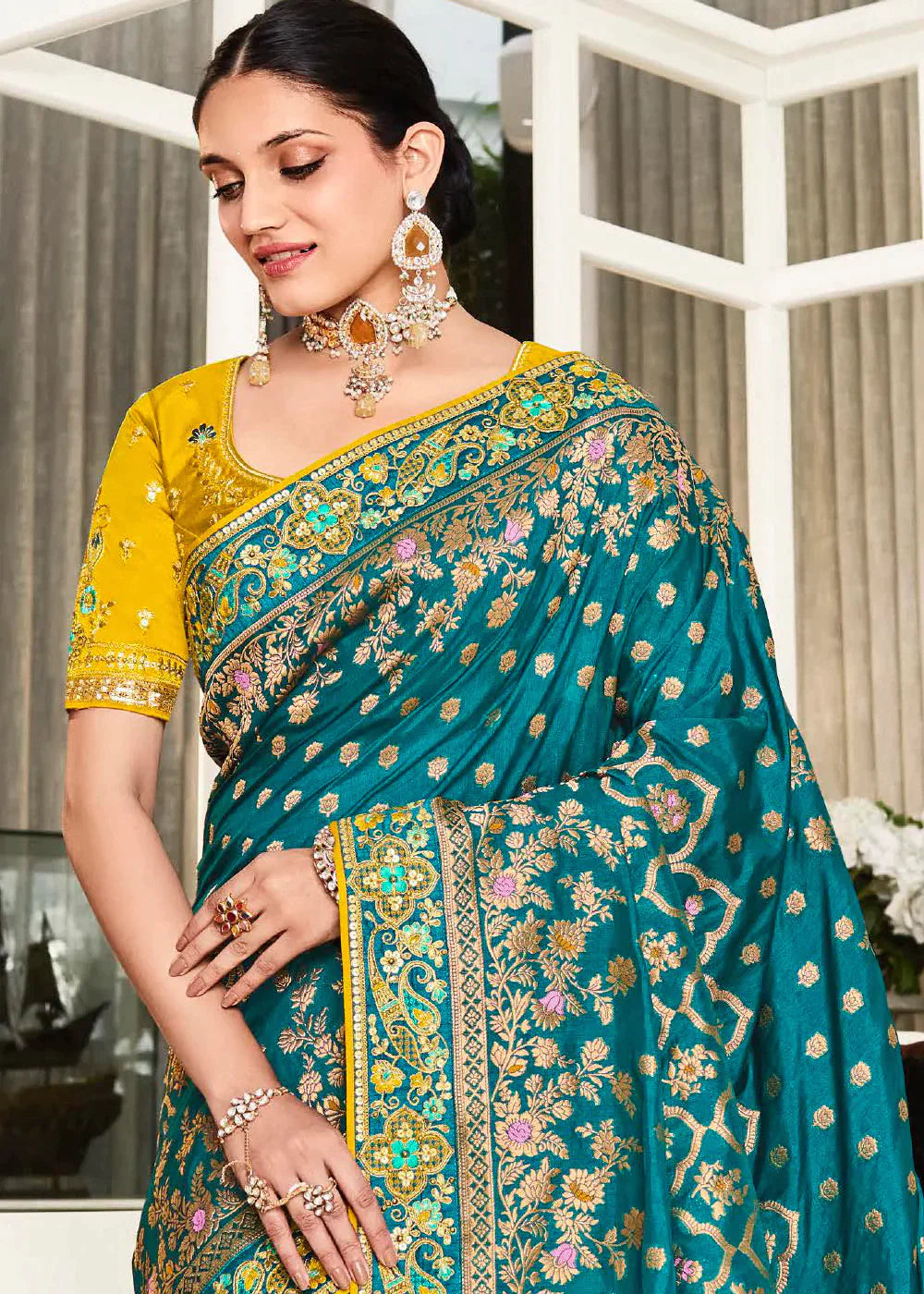 Air Force Blue Zari Weaving Satin Silk Saree with Embroidery Border