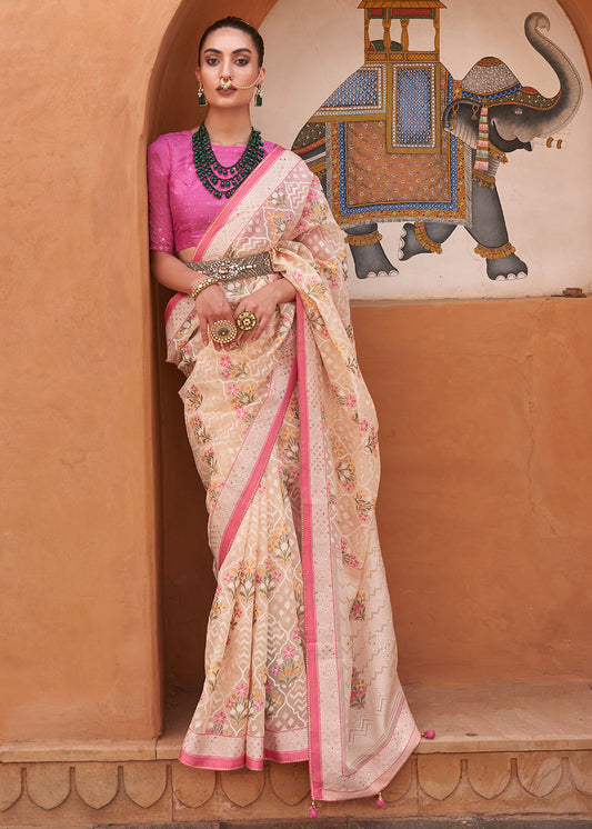 Pink & Ivory White Patola Printed Tissue Silk Saree with Designer Blouse