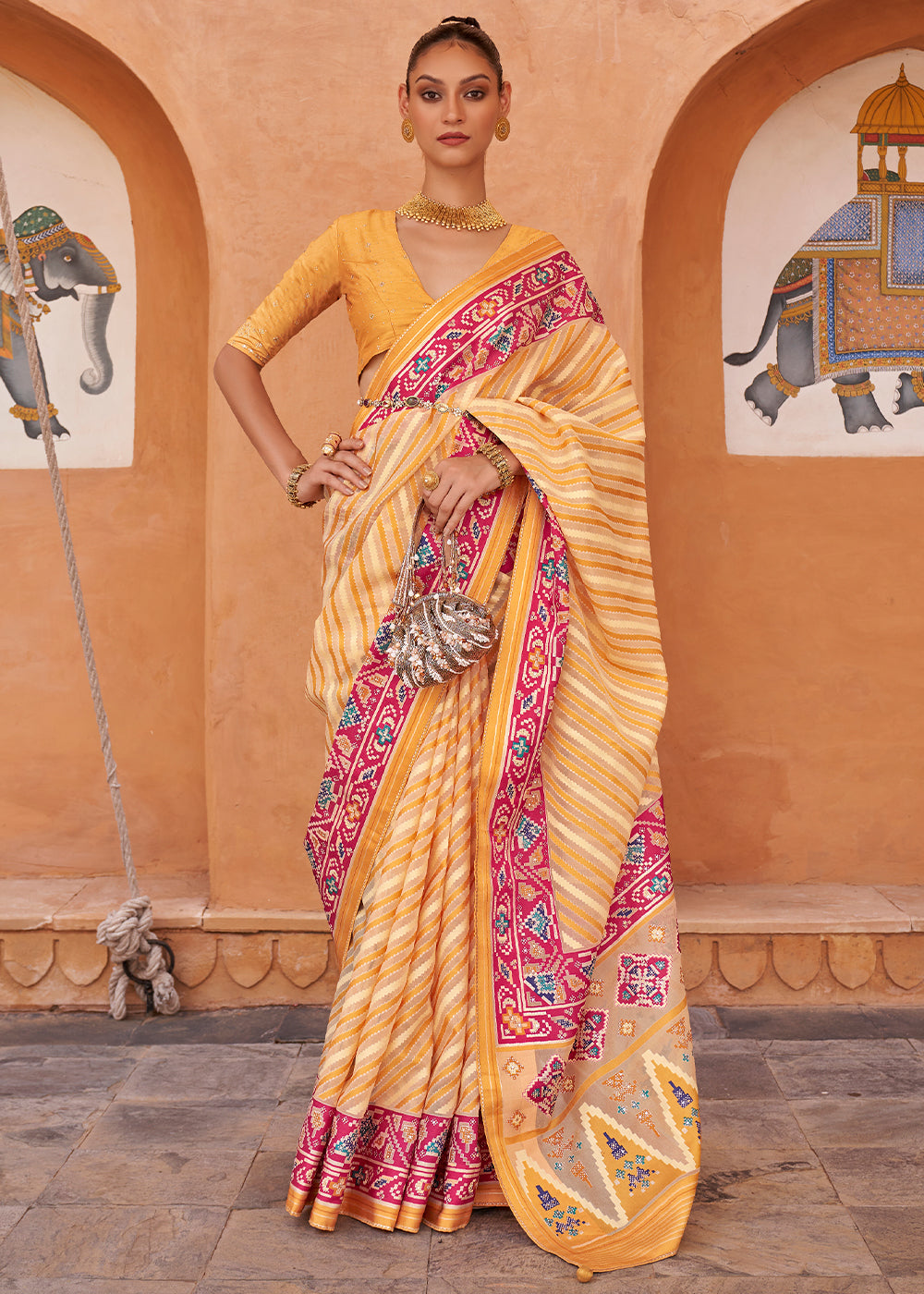 Shades Of Yellow Patola Printed Tissue Silk Saree with Designer Blouse