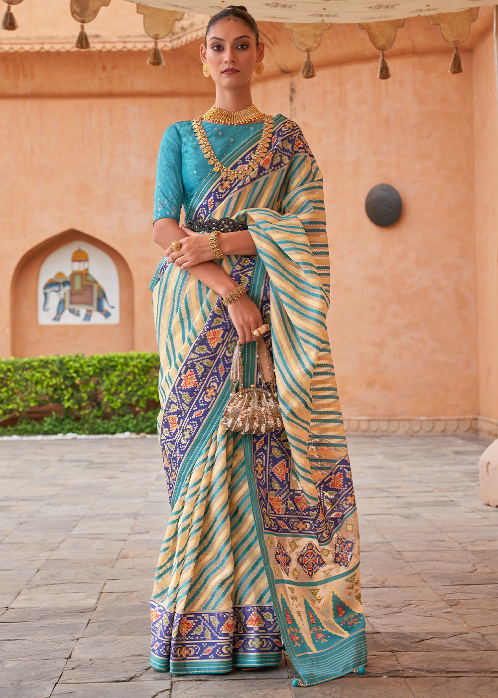 Blue & Light Yellow Patola Printed Tissue Silk Saree with Designer Blouse