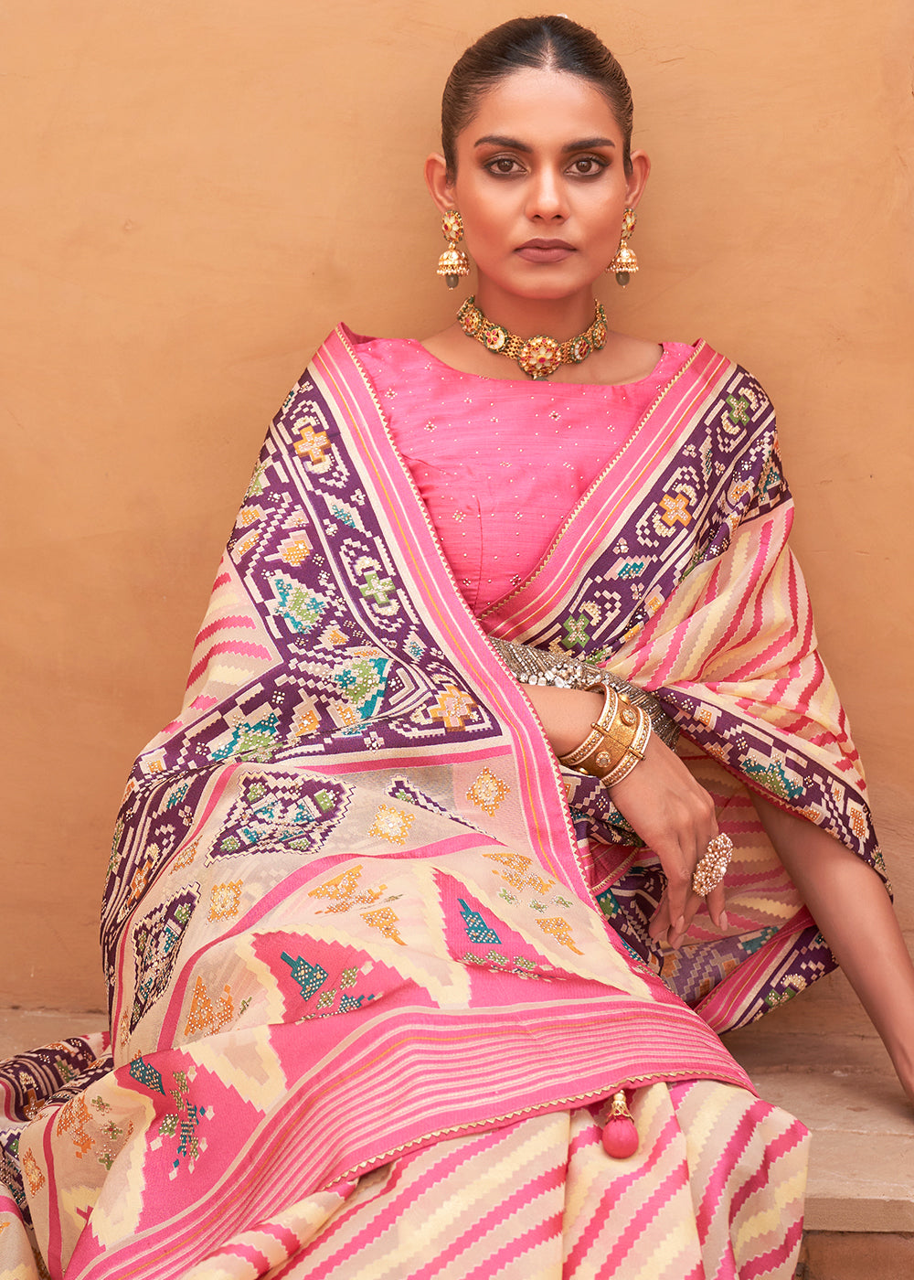 Pink & Light Yellow Patola Printed Tissue Silk Saree with Designer Blouse