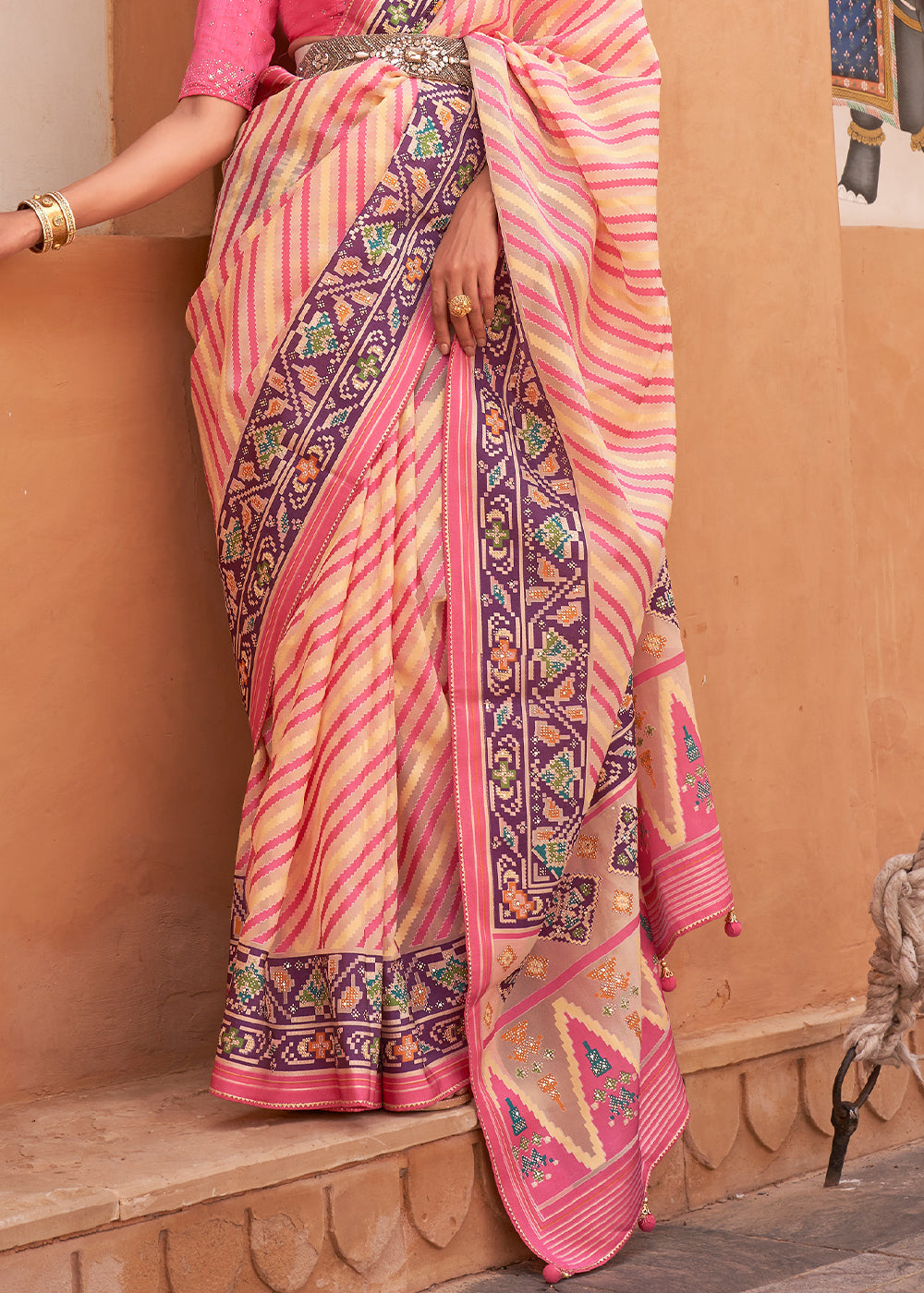 Pink & Light Yellow Patola Printed Tissue Silk Saree with Designer Blouse