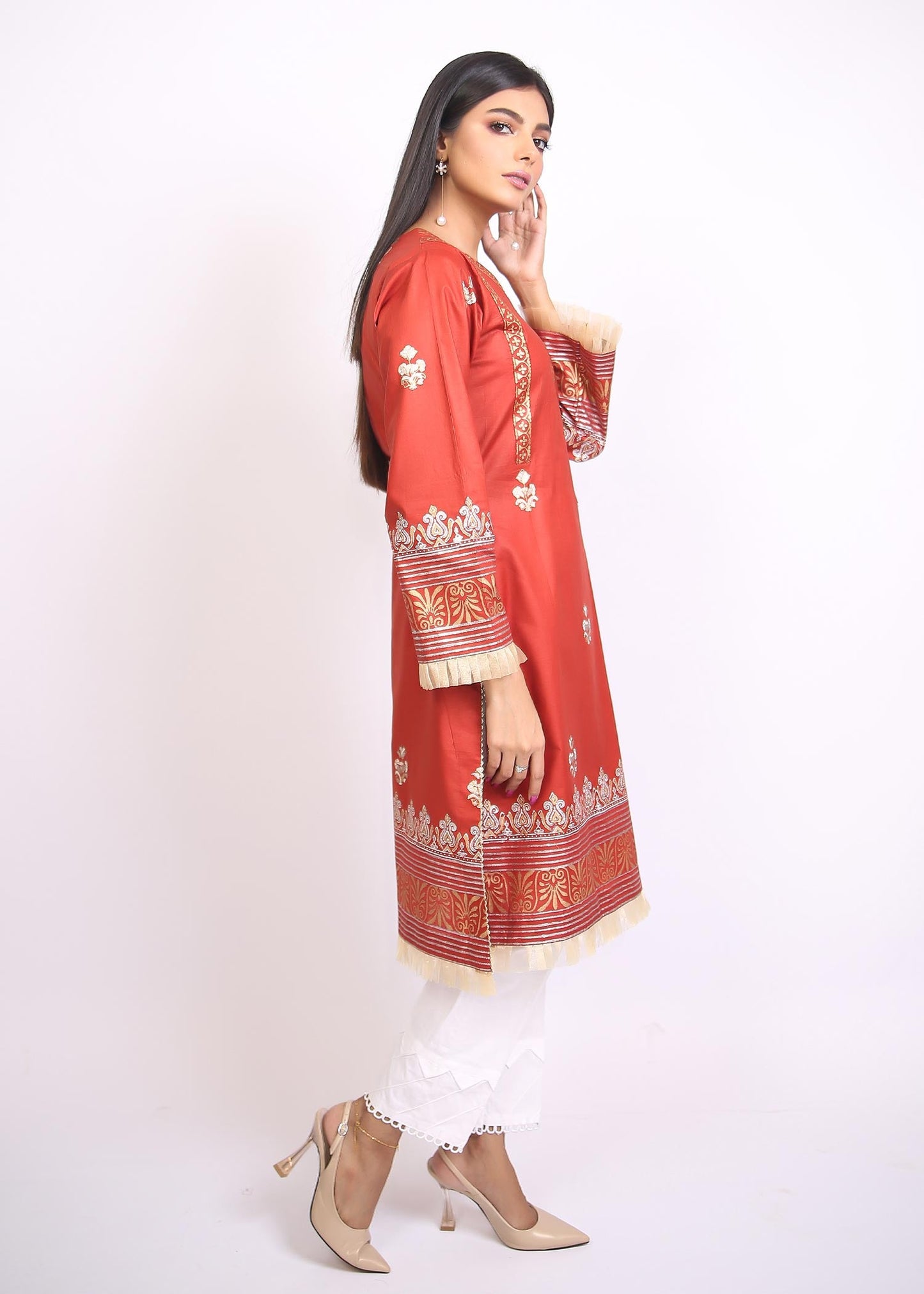 FashionPorters - Unstitched 3 Piece Block Printed Cotton Lawn Matte Orange Suit SUS22-RY19