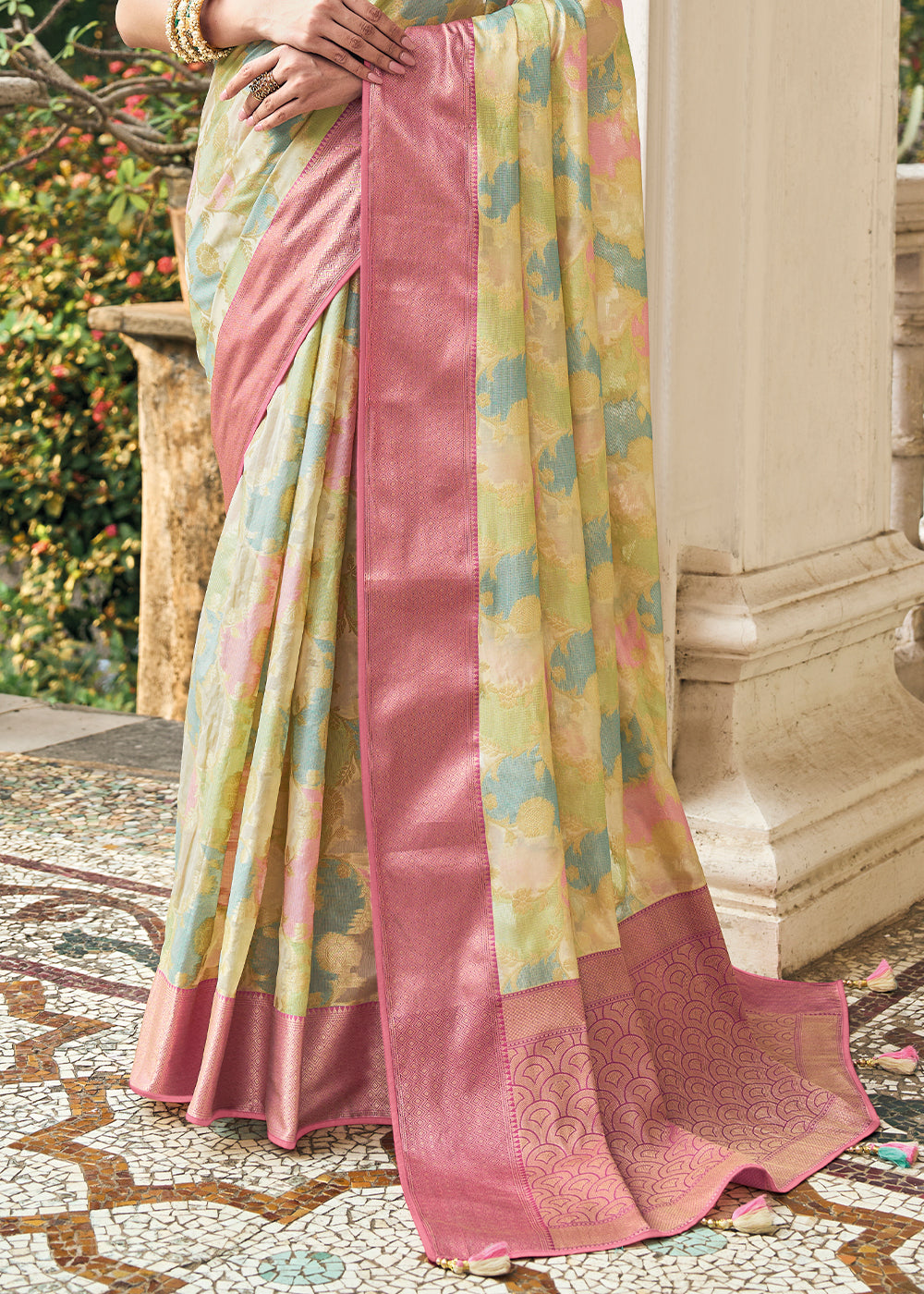 Green & Pink Zari Woven Organza Silk Saree