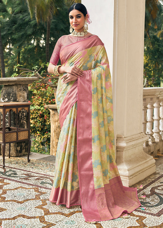 Green & Pink Zari Woven Organza Silk Saree