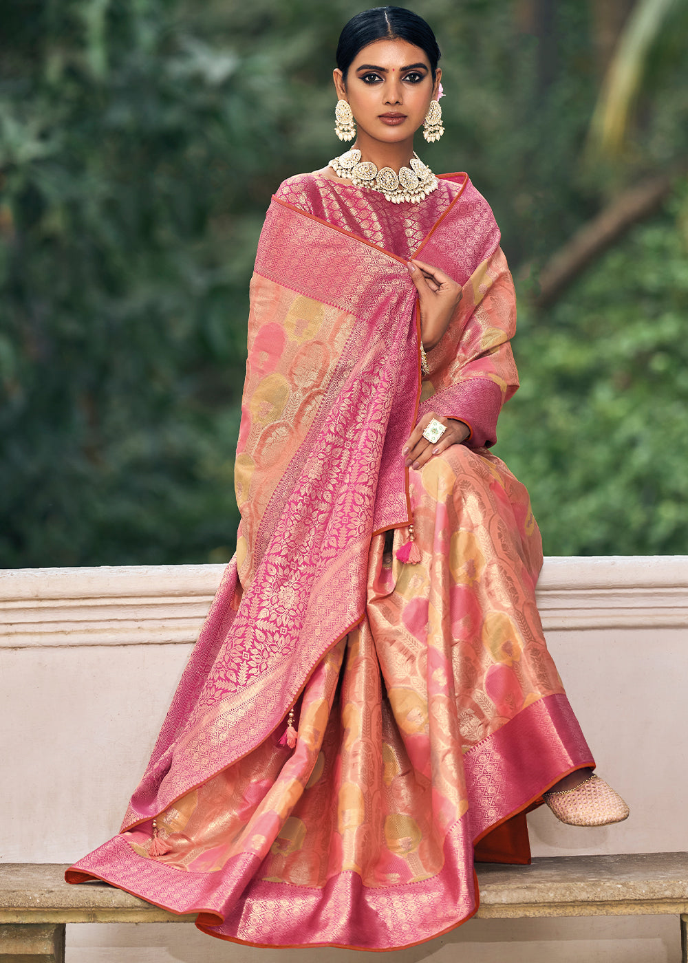 Pink & Yellow Zari Woven Organza Silk Saree