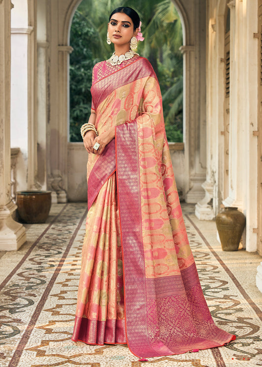 Pink & Yellow Zari Woven Organza Silk Saree