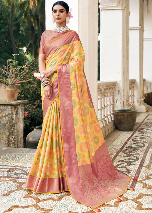 Shades Of Yellow Zari Woven Organza Silk Saree