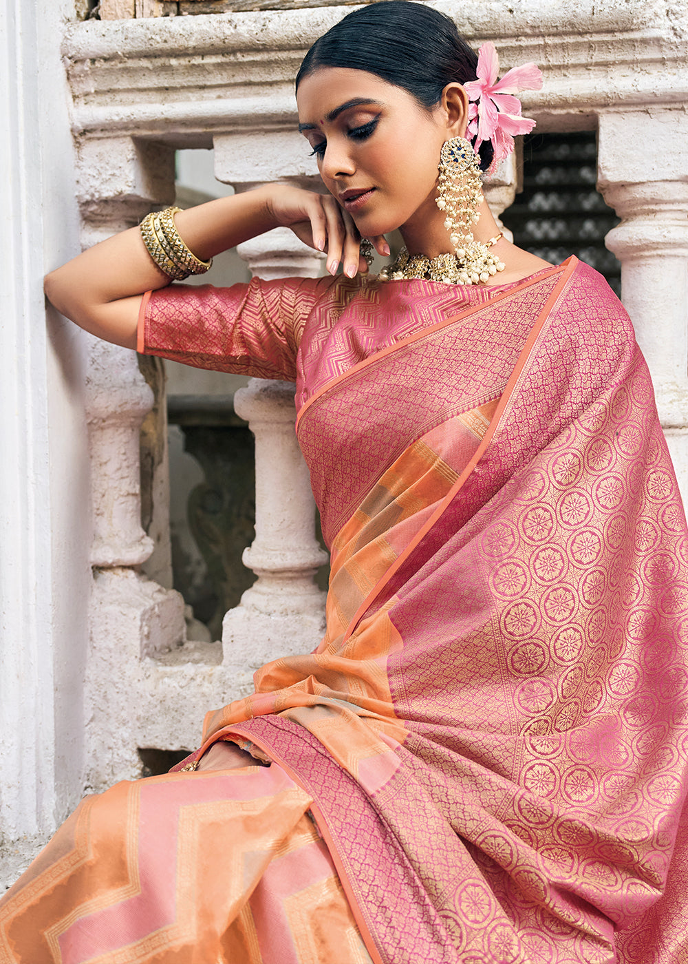 Shades Of Orange Zari Woven Organza Silk Saree