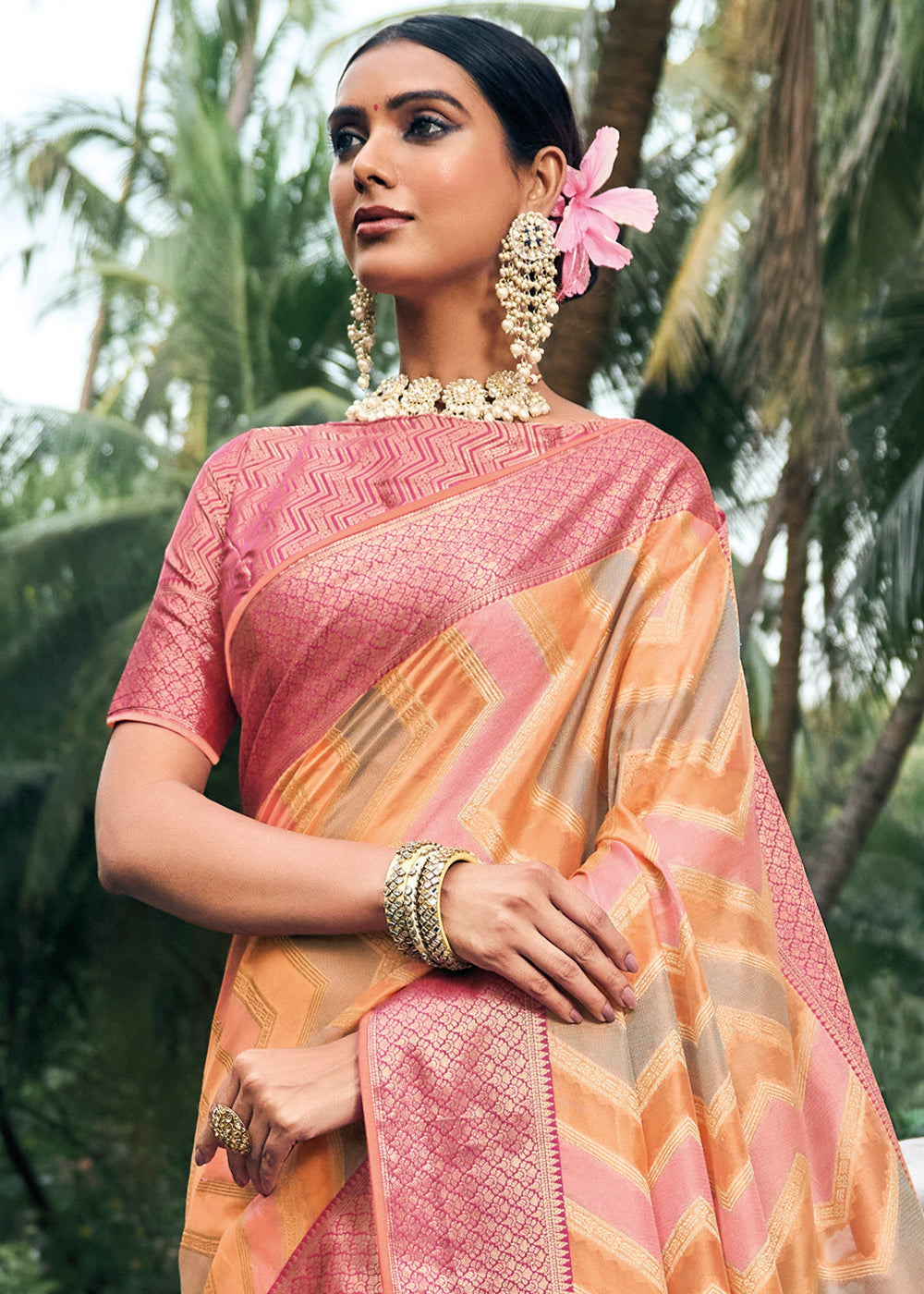 Shades Of Orange Zari Woven Organza Silk Saree