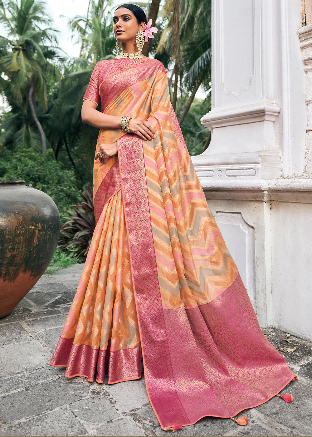 Shades Of Orange Zari Woven Organza Silk Saree