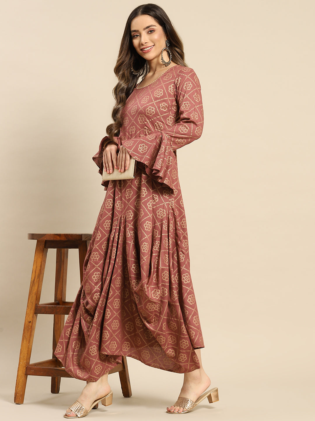 Bell Sleeve Long dress with front drape