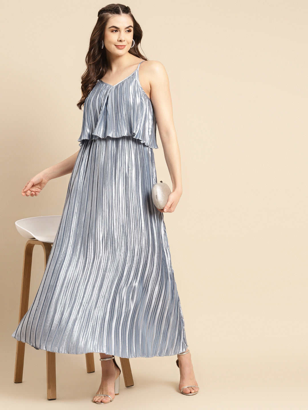 Pre pleated flare yoke maxi dress