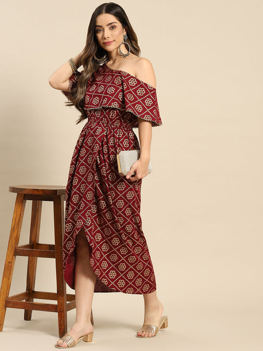 One Shoulder yoke overlap printed dress