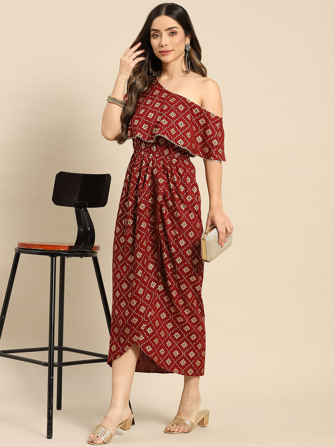 One Shoulder yoke overlap printed dress