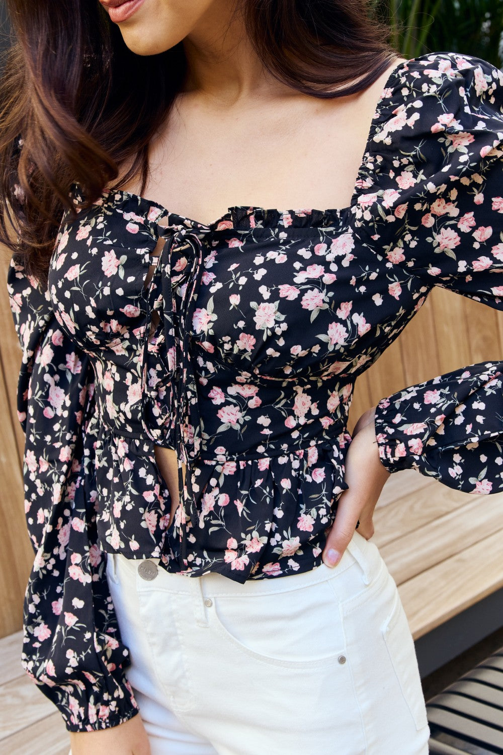 Petal Dew Floral Lace-Up Ruffle Hem Blouse