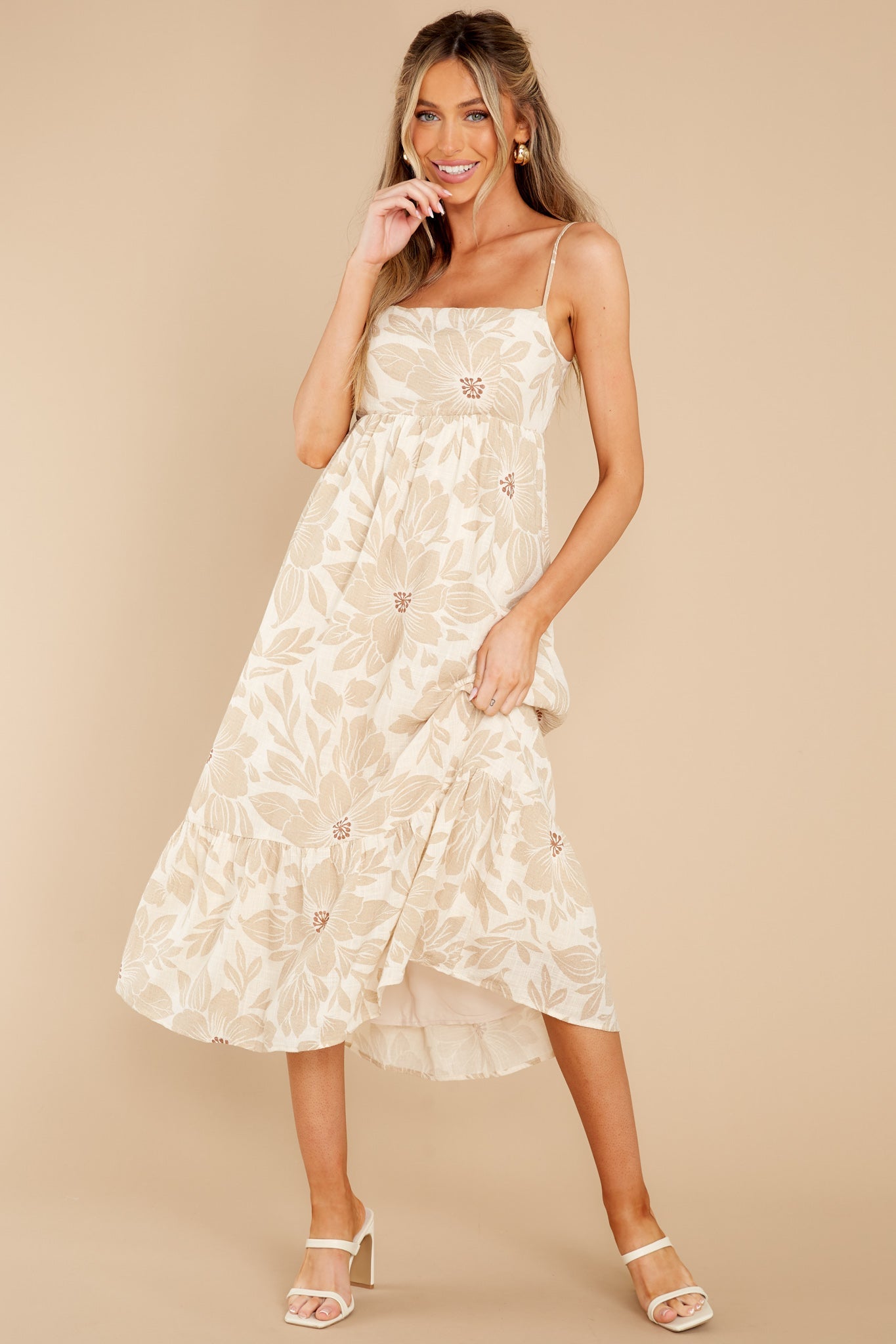 The Sweetest Destination Beige Floral Print Midi Dress