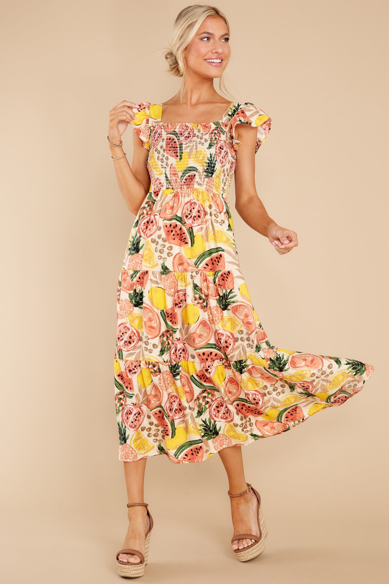 Tuttie Fruitti Coral Multi Print Midi Dress